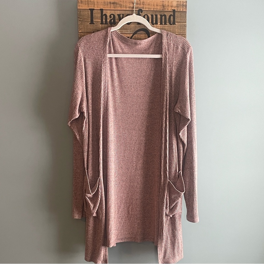 ZYIA Active Pink Ash Boyfriend Lounge Cardigan - open front ribbed pockets